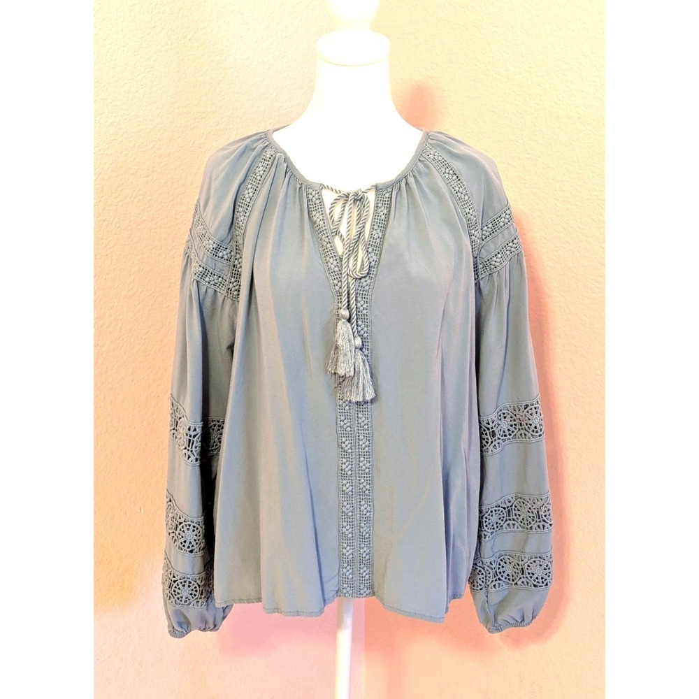Chelsea & Theodore Blue Gray Boho Peasant Top Crochet Lace Tassel Tie Women's L
